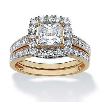 1.99 ct w. Cubic Zirconia 14k Gold-Plated Halo Bridal Set