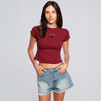 Women's Hype and Vice Red Miami Heat Small Logo Cropped Baby T-Shirt