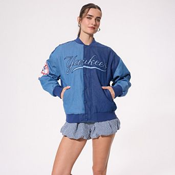 Women's Terez Blue New York Yankees Denim Blocked Bomber Jacket