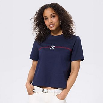 Women's Terez Navy New York Yankees Single Line Baseball Stitch T-Shirt