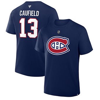 Men's Fanatics Cole Caufield Navy Montreal Canadiens Authentic Stack Name & Number T-Shirt