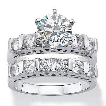 3 TCW Cubic Zirconia 2 pc Bar-Set Bridal Wedding Ring Set in Platinum-plated