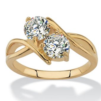 Round Cubic Zirconia 2-Stone Bypass Ring 1.96 TCW in 14k Gold-plated