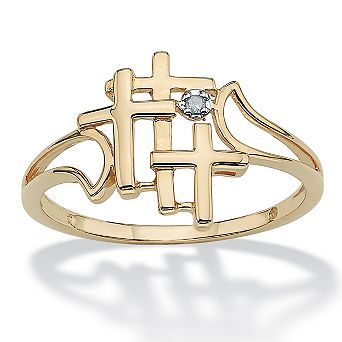 Diamond Accent Triple Cross Ring in Solid 18k Gold-Plated