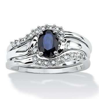 1.05 TCW Oval Sapphire and Diamond Accent Bridal Ring Set in Platinum-plated