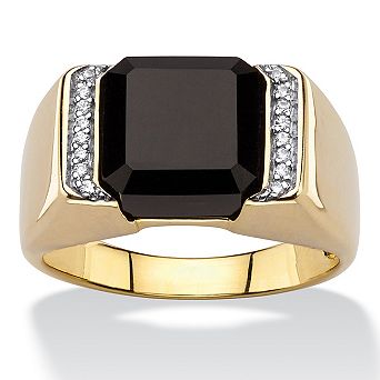Men's Cushion-Cut Genuine Black Onyx and CZ Classic Ring in 18k Gold-plated