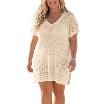Women's Plus Size Swimsuit Summer Beach Cover Up Short Sleeve Hollow Out Swimwear