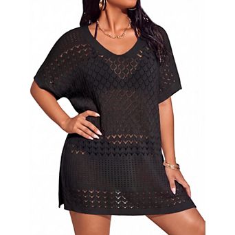 Women's Plus Size Swimsuit Summer Beach Cover Up Short Sleeve Hollow Out Swimwear