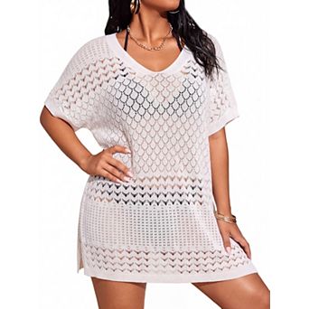 Women's Plus Size Swimsuit Summer Beach Cover Up Short Sleeve Hollow Out Swimwear