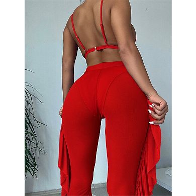Women's 3 Piece Bikini Set Swimsuit Ruffle Mesh Flared Cover-Up Pants Beach Vacation Bathing Suit