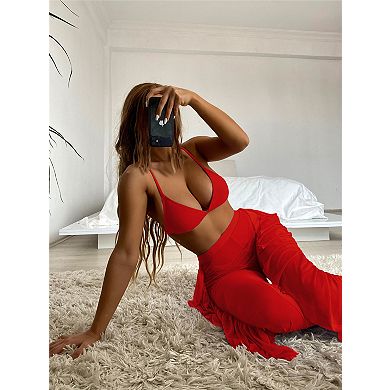 Women's 3 Piece Bikini Set Swimsuit Ruffle Mesh Flared Cover-Up Pants Beach Vacation Bathing Suit