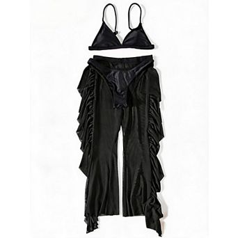 Women's 3 pc Bikini Set Swimsuit Ruffle Mesh Flared Cover-Up Pants Beach Vacation Bathing Suit