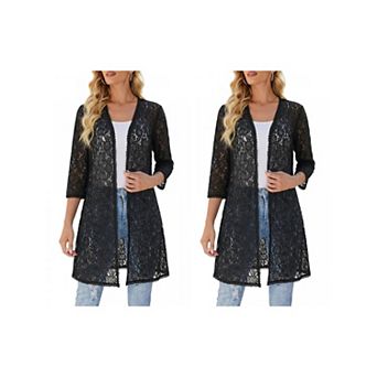 2 Packs Women's 3/4 Sleeve Lace Cardigan Elegant Bolero Shrugs Long Flowy Crochet Open Outfits