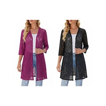 2 Packs Women's 3/4 Sleeve Lace Cardigan Elegant Bolero Shrugs Long Flowy Crochet Open Outfits