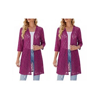 2 Packs Women's 3/4 Sleeve Lace Cardigan Elegant Bolero Shrugs Long Flowy Crochet Open Outfits