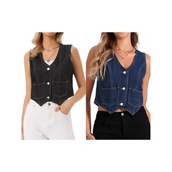 2 Packs Women's Denim Vest V Neck Sleeveless Button Down Jean Waistcoat Summer Crop Top
