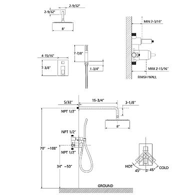 SUMERAIN Pressure Balance Shower System, 8 Inches Square Rain Showerhead & Handshower,Rough-In Valve