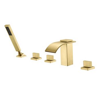 SUMERAIN 5 Holes Deck Mount Waterfall Roman Tub Faucet with Handheld Shower, High Flow Solid Brass