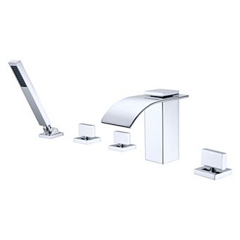 SUMERAIN 5 Holes Deck Mount Waterfall Roman Tub Faucet with Handheld Shower, High Flow Solid Brass