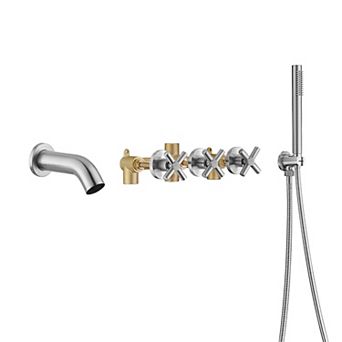 SUMEARAIN 3 Handle Wall Mount Tub Faucet with Handheld Shower, High Flow Waterfall, Rough in Valve