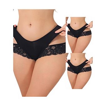 3 Packs Women's Wide Lace Trim Thong V-Cut Ice Silk Mid Rise T-Back Seamless Underwear