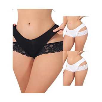 3 Packs Women's Wide Lace Trim Thong V-Cut Ice Silk Mid Rise T-Back Seamless Underwear