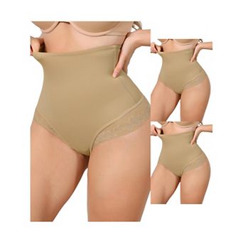 3 Packs Women's High Waisted Shapewear Thong Tummy Control Slimming Ice Silk Elegant Lace Underwear