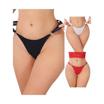 3 Packs Women's Low Rise Lace Thong Soft Silky Underwear with Side Rings