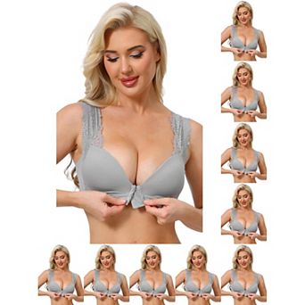 10 Packs Women's Lace Front Closure Push Up Wirefree Bras with Nonadjustable Straps