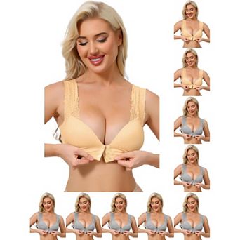 10 Packs Women's Lace Front Closure Push Up Wirefree Bras with Nonadjustable Straps