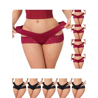 10 Packs Women's Wide Lace Trim Thong V-Cut Ice Silk Mid Rise T-Back Seamless Underwear