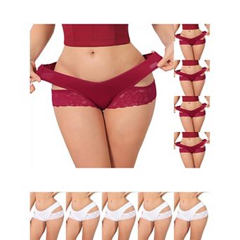 10 Packs Women's Wide Lace Trim Thong V-Cut Ice Silk Mid Rise T-Back Seamless Underwear