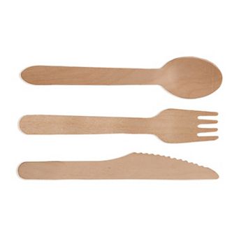 Wooden Compostable Utensils Set 300 pc (100 Forks/Spoons/Knives) Sturdy Wood Disposable Cutlery
