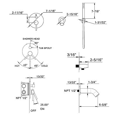 SUMERAIN Wall Mount Waterfall Bathtub Faucet with Hand Shower, High Flow Rate, Rough-in Valve