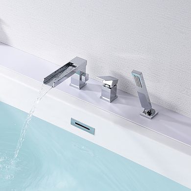 SUMERAIN Waterfall Roman Bathtub Faucet with Hand Shower, 3 Hole Bathtub Faucet, Solid Brass