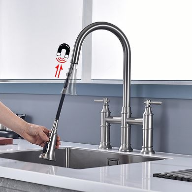 SUMERAIN Bridge Kitchen Faucet with Pull Down Sprayer, 8-Inch Centerset 3 Hole Stainless Steel
