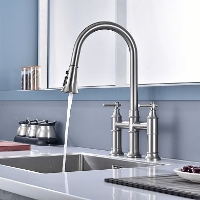 SUMERAIN Bridge Kitchen Faucet with Pull Down Sprayer, 8-Inch Centerset 3 Hole Stainless Steel