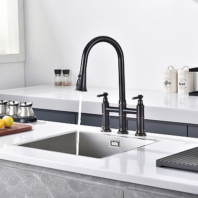 SUMERAIN Bridge Kitchen Faucet with Pull Down Sprayer, 8-Inch Centerset 3 Hole Stainless Steel