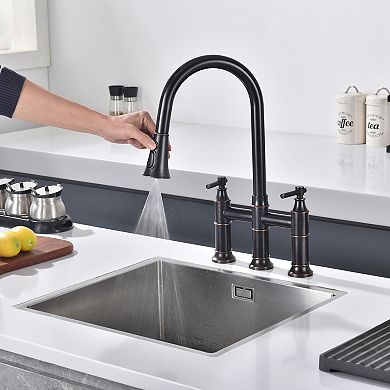 SUMERAIN Bridge Kitchen Faucet with Pull Down Sprayer, 8-Inch Centerset 3 Hole Stainless Steel