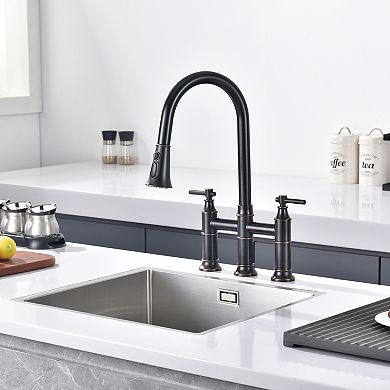 SUMERAIN Bridge Kitchen Faucet with Pull Down Sprayer, 8-Inch Centerset 3 Hole Stainless Steel
