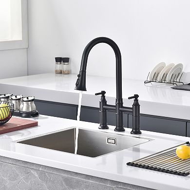 SUMERAIN Bridge Kitchen Faucet with Pull Down Sprayer, 8-Inch Centerset 3 Hole Stainless Steel