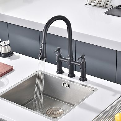 SUMERAIN Bridge Kitchen Faucet with Pull Down Sprayer, 8-Inch Centerset 3 Hole Stainless Steel