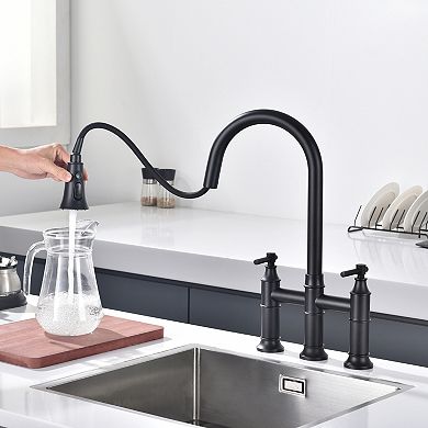 SUMERAIN Bridge Kitchen Faucet with Pull Down Sprayer, 8-Inch Centerset 3 Hole Stainless Steel