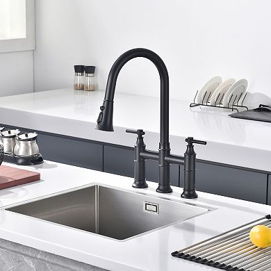 SUMERAIN Bridge Kitchen Faucet with Pull Down Sprayer, 8-Inch Centerset 3 Hole Stainless Steel