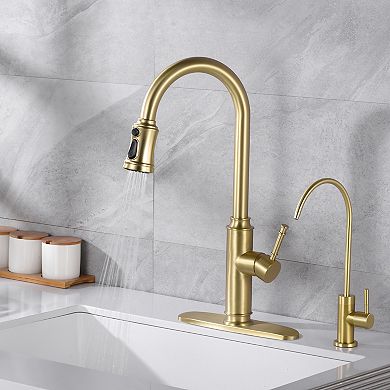 SUMERAIN Kitchen Faucet with Pull Out Sprayer and 10" Deck Plate Stainless Steel Single Handle