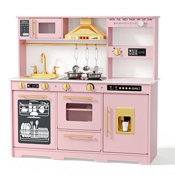 Kinder King Wooden Kids Kitchen Playset, Interactive Kitchen Toy with Sounds, Ice Maker & Oven