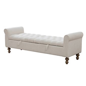 65.7 in Wood Upholstered Storage Bench with Double Lids, Napped Fabric Foot Stool with Armrest