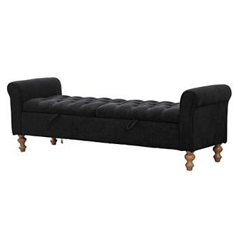 65.7 in Wood Upholstered Storage Bench with Double Lids, Napped Fabric Foot Stool with Armrest