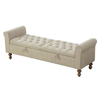 65.7 in Wood Upholstered Storage Bench with Double Lids, Napped Fabric Foot Stool with Armrest