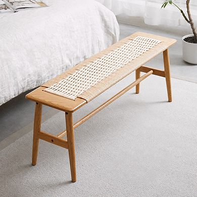 Heybly Solid Oak Wood Dining Bench with Handwoven Cane Seat, Natural Entryway Bench